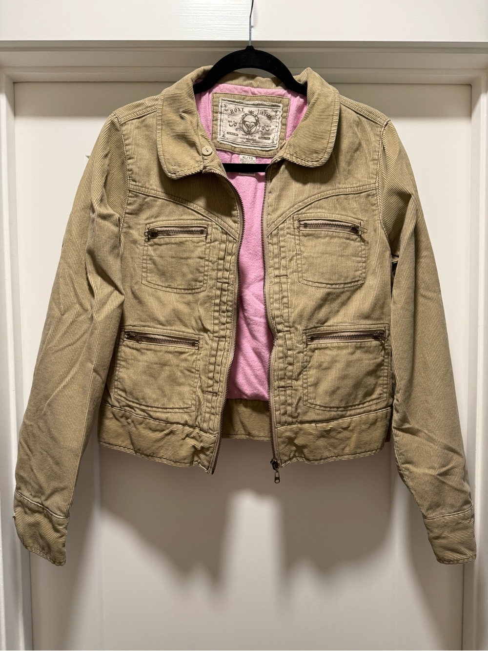 Roxy Girls Vintage Khaki Utility Jacket with Pink Lining XL